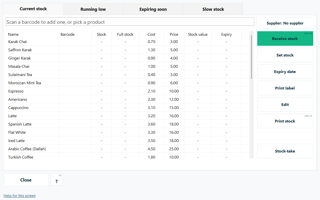 Native Windows capture with fictional demo data: Branch stock, transfers and counts