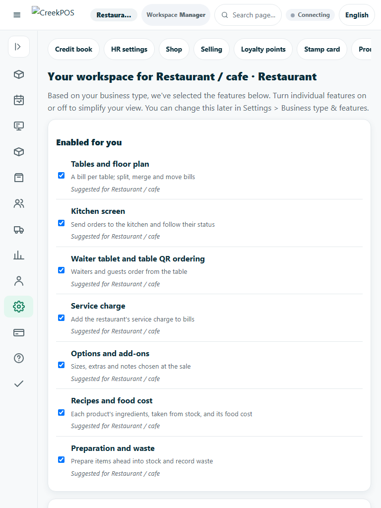 Actual application capture with fictional demo data: Choose a focused business workspace
