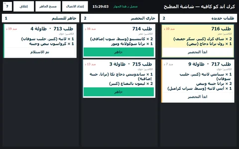 شاشة المطبخ في كرك آند كو كافيه: تذاكر جديدة وقيد التحضير وجاهزة مع خياراتها.
