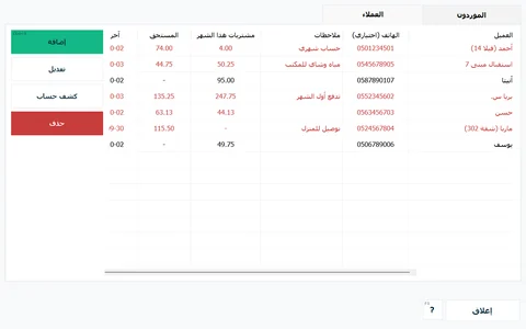 الموردون والعملاء ← العملاء: هاتف كل عميل وملاحظاته ومشترياته هذا الشهر والمبلغ المستحق عليه.