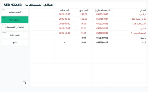 قائمة الأجل: المستحق على كل عميل والإجمالي.
