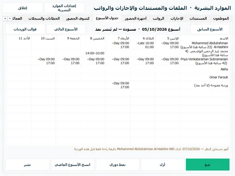 جدول الدوام الأسبوعي مع تنبيهاته