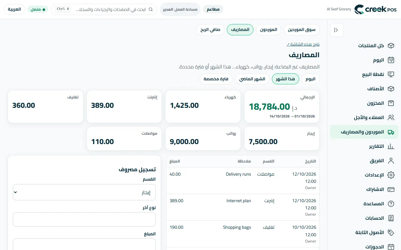 «المصاريف»: ما ينفقه المتجر، حسب الفئة.