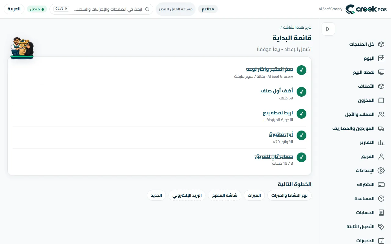 «البدء»: خمس خطوات، تُعلَّم كل منها تلقائيًا عند اكتمالها.
