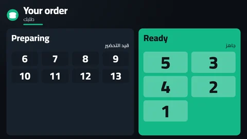 شاشة الطلبات: تنتقل الأرقام من «قيد التحضير» إلى «جاهز» عندما ينتهي المطبخ.