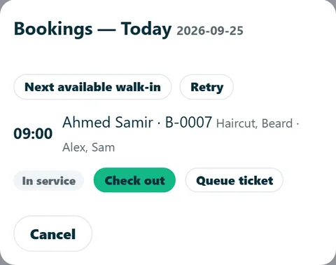 Today's bookings on a phone: in service, check out, queue ticket