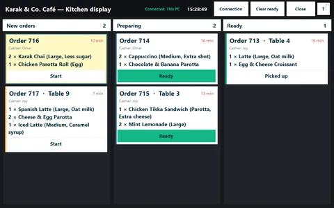 The kitchen screen at Karak & Co. Café: new, preparing and ready tickets with their options.