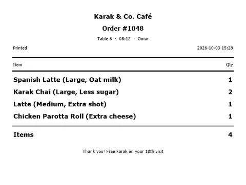 The kitchen ticket, with every option.
