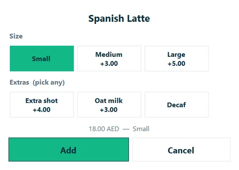 Sizes and add-ons for a Spanish latte.