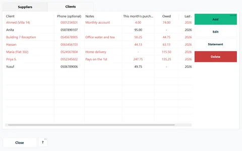 Suppliers & clients → Clients: each client's phone, notes, this month's purchases and what they owe.