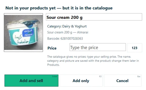 Scanning a product the shop does not have yet, but the UAE catalogue does: type the price and sell it.