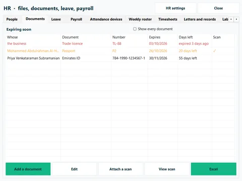 Documents expiring soon, with how many days are left
