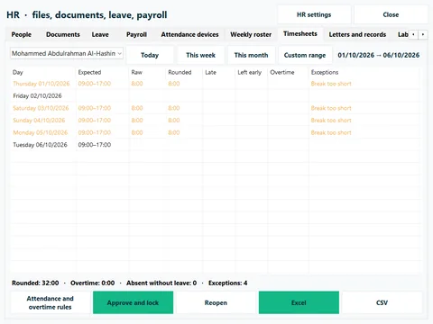 Timesheets with late, early, absent and overtime marked
