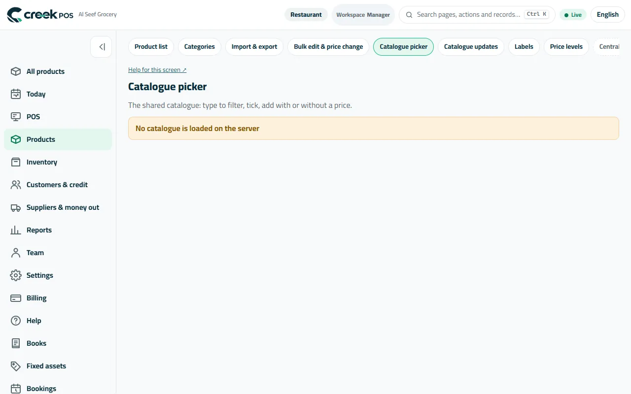 The Catalogue picker: tick the products you sell and give each one your price.