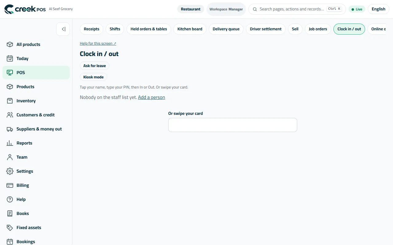 Clock in / out: switched on from Settings → Staff.