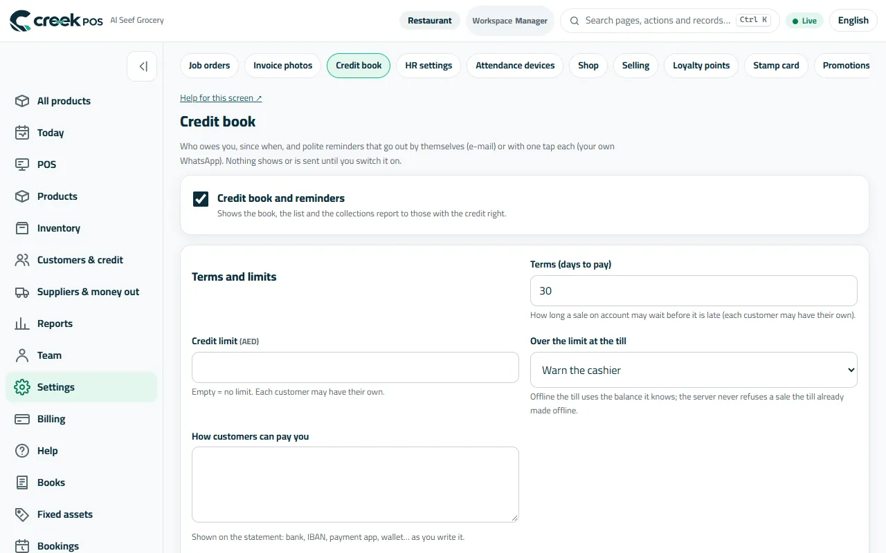 Settings → Credit book: terms, limits, reminders and quiet hours.