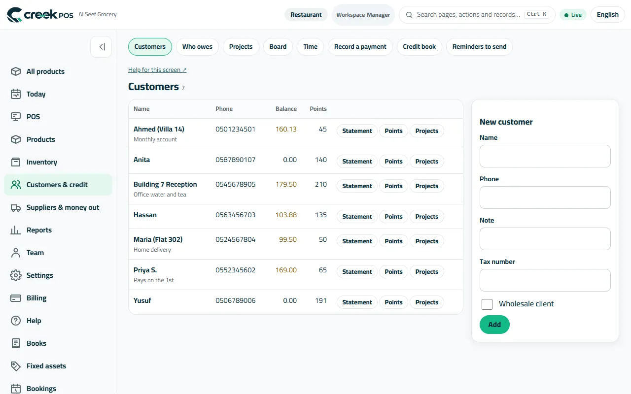 Customers: names, phones, balances and points.