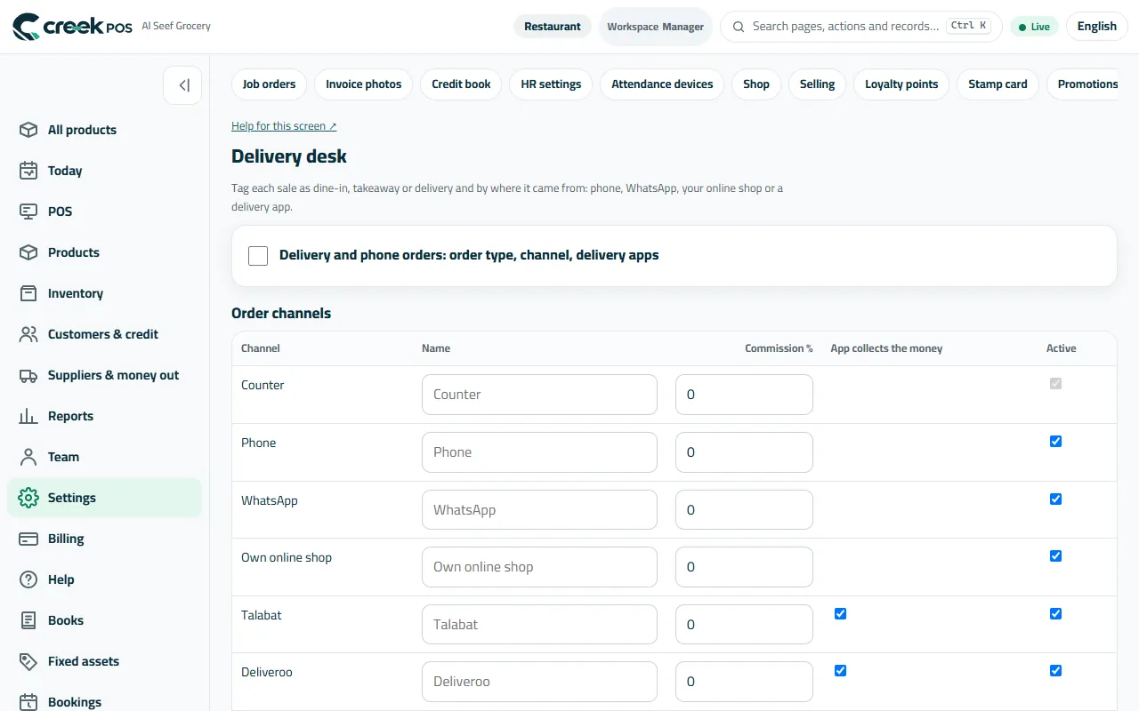 Delivery desk: order channels with their commission, drivers and areas.