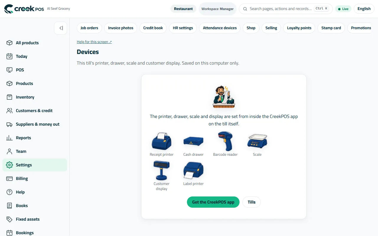 Devices: printer, drawer, scanner, scale and display are chosen on the till that they are plugged into.