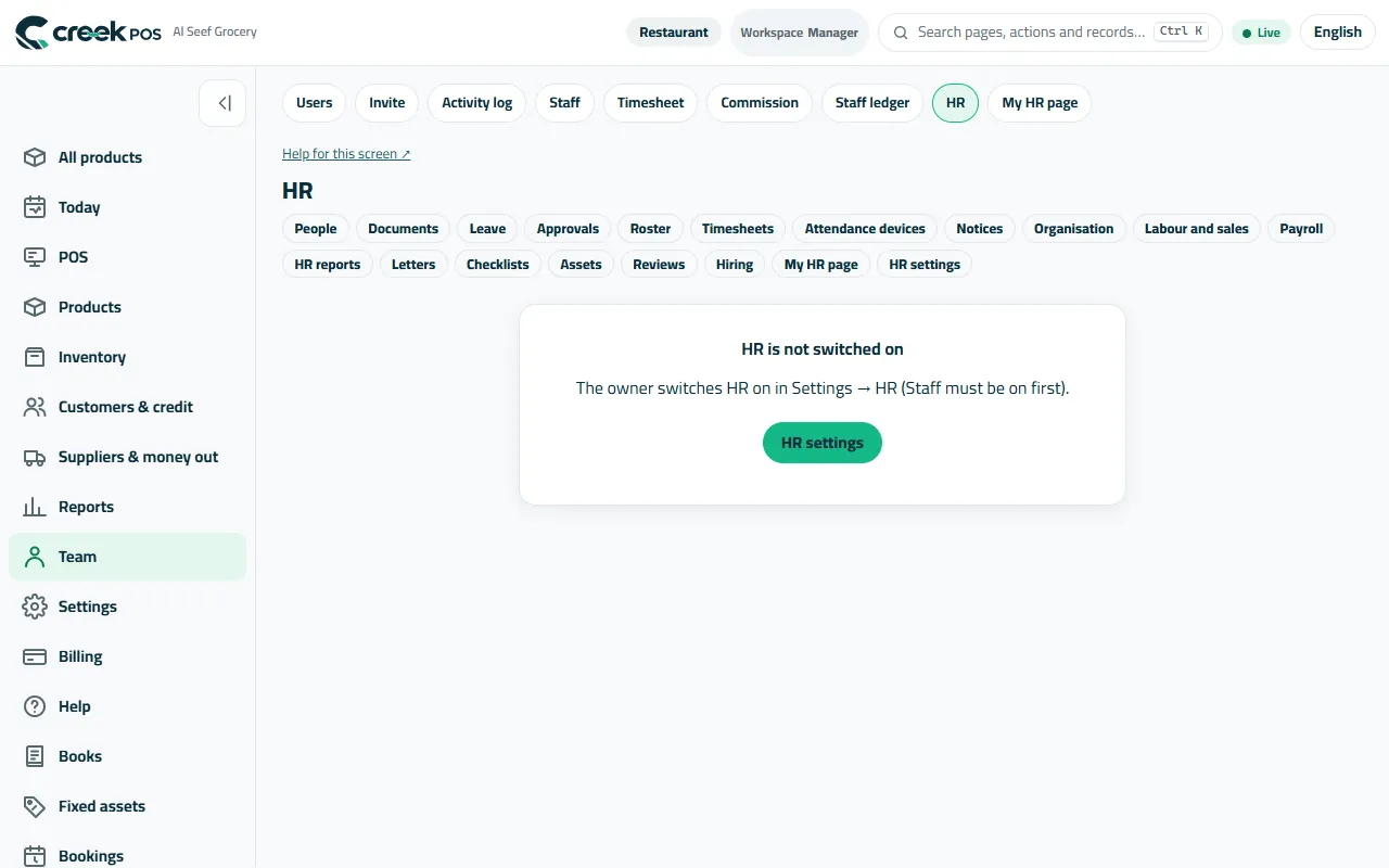 HR: people, documents, leave, roster, timesheets and payroll.