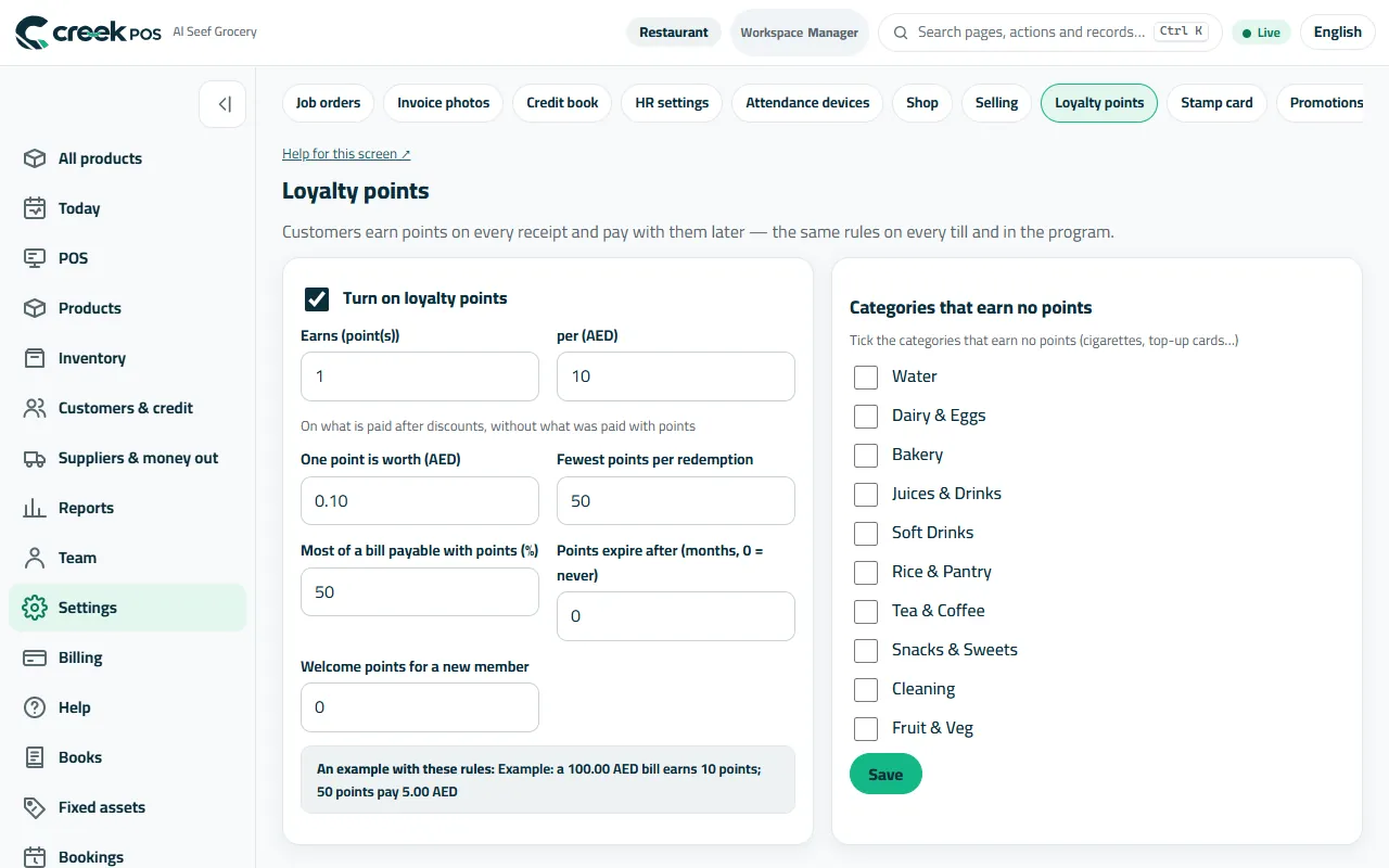Loyalty points: earning, value, limits and an example.