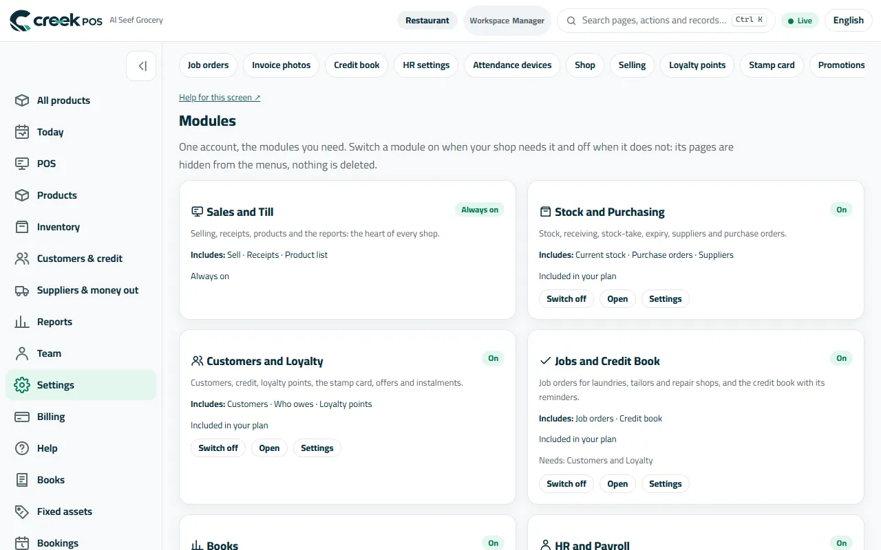 Modules: one card per module, with On / Off, Included in your plan, Add-on or Upgrade.