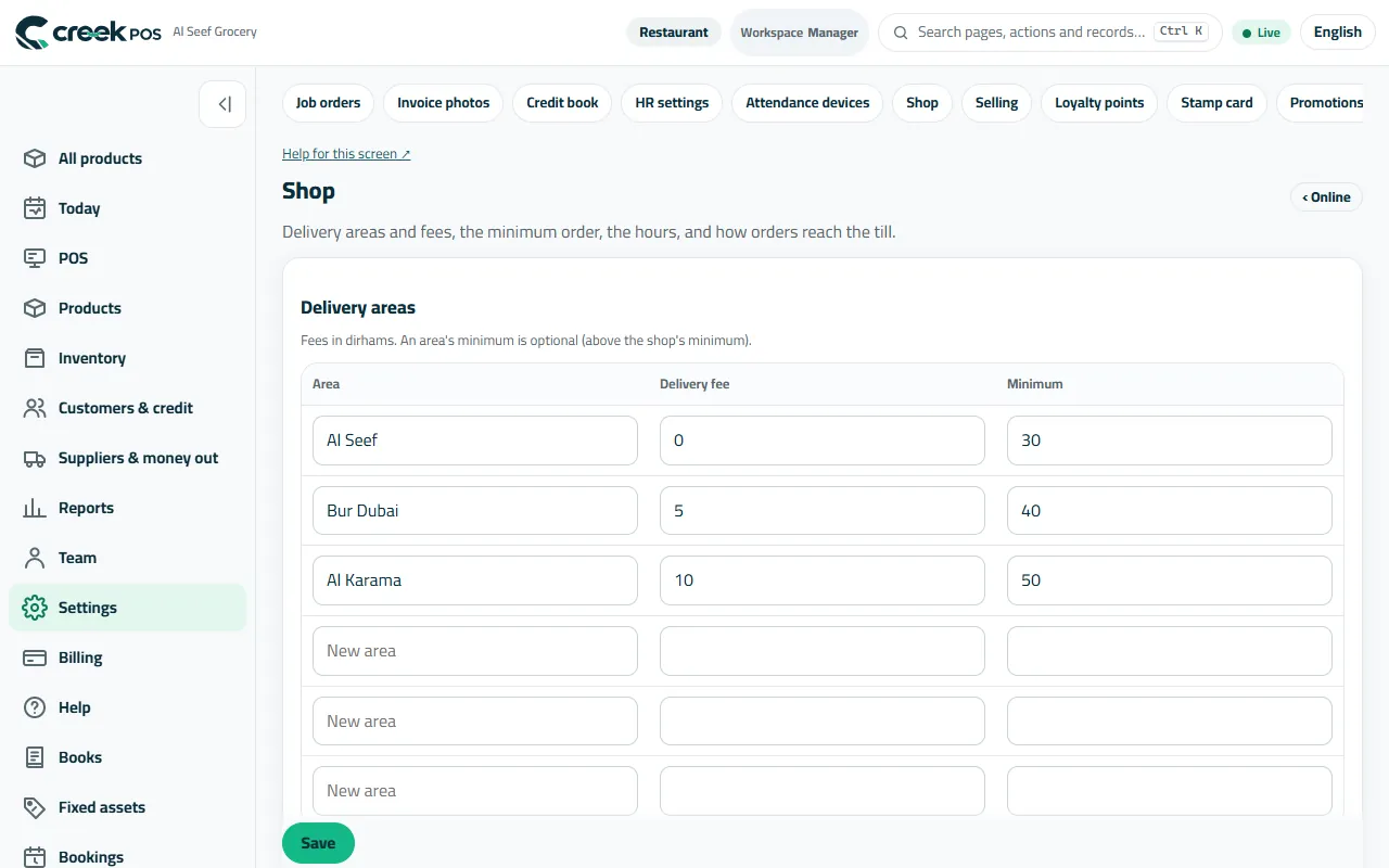 Shop: delivery areas and fees, pickup, the minimum order and the hours.