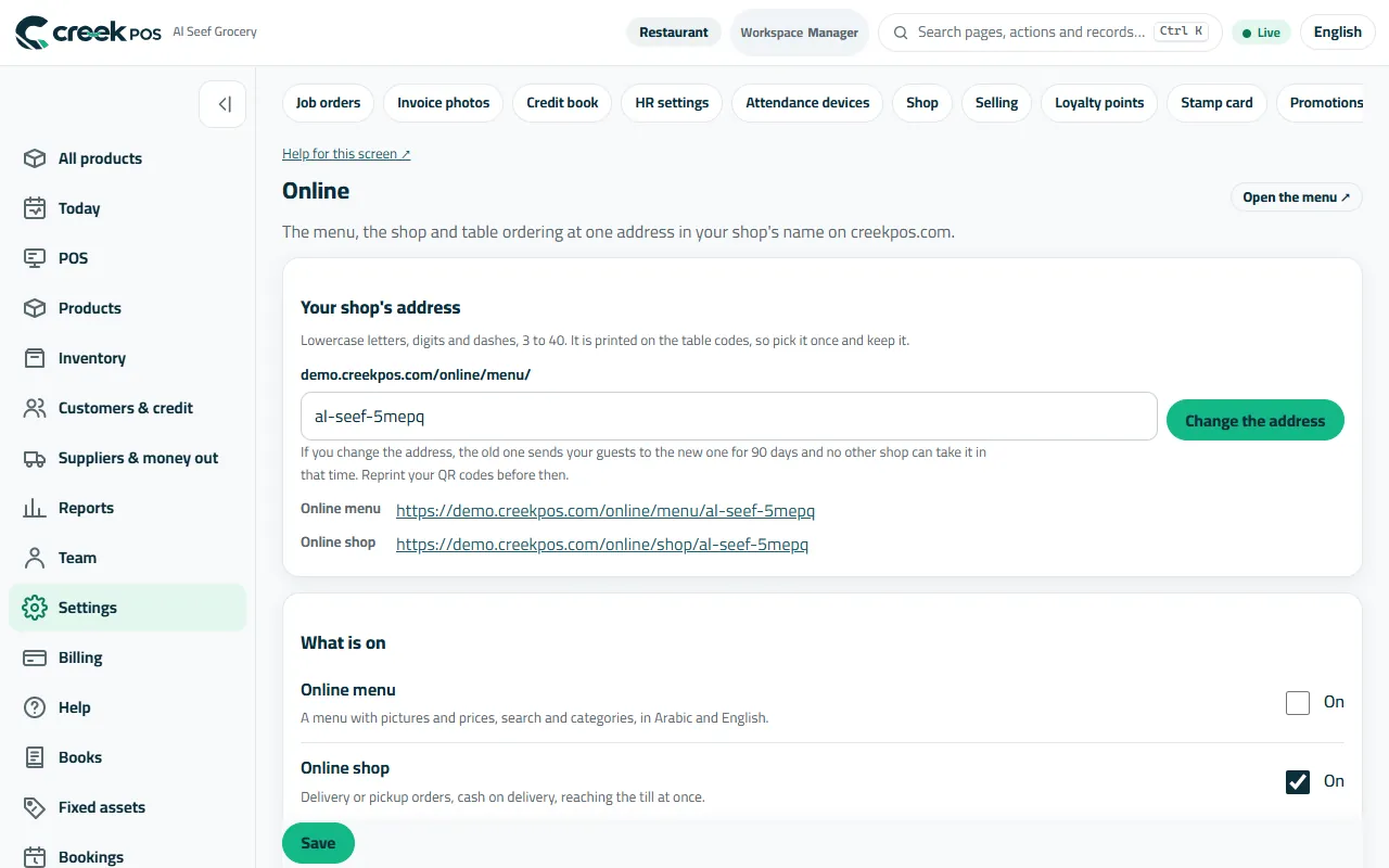 Settings → Online: the shop's address and the three switches.