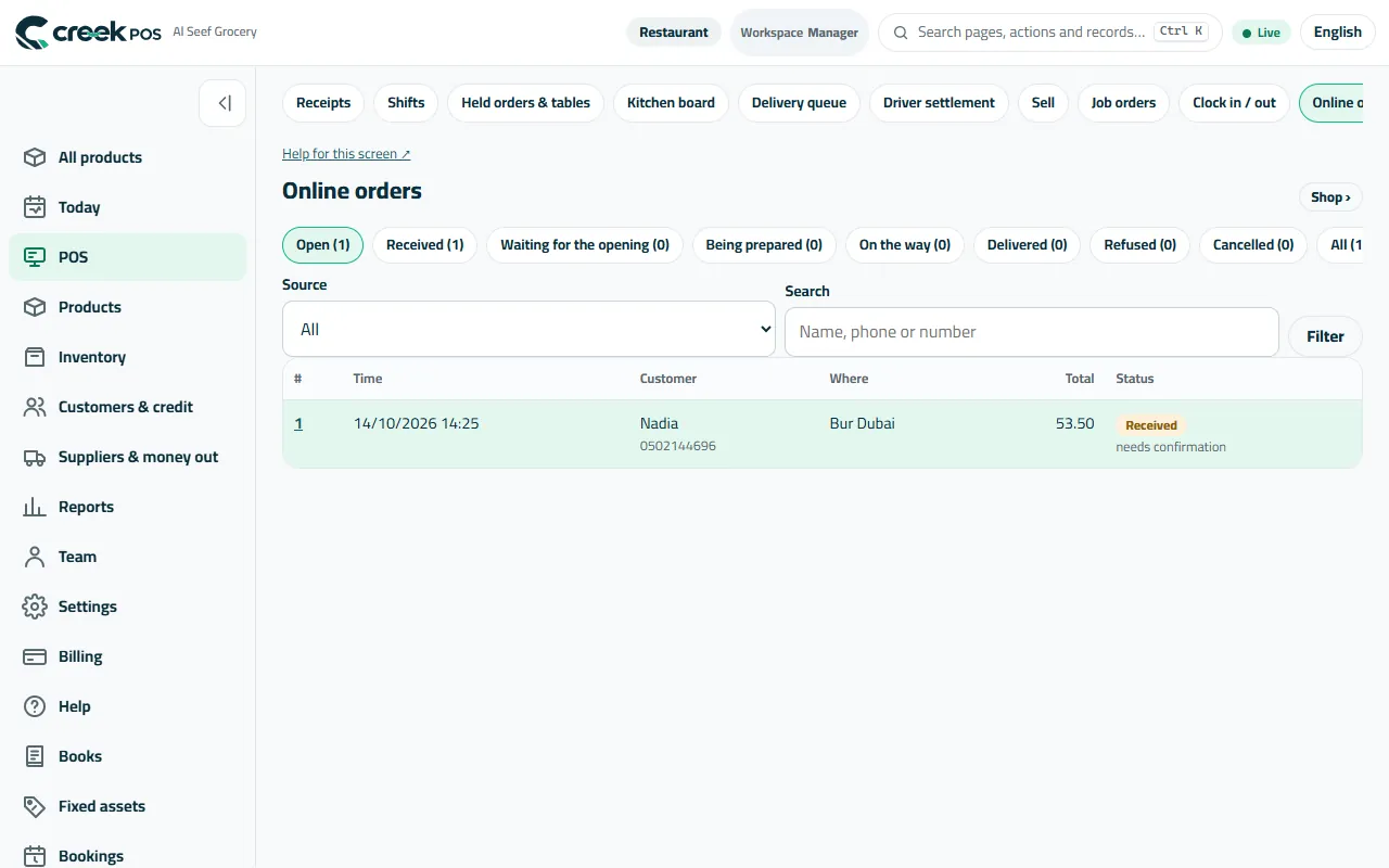Online orders: the shop and the tables in one list, by status.