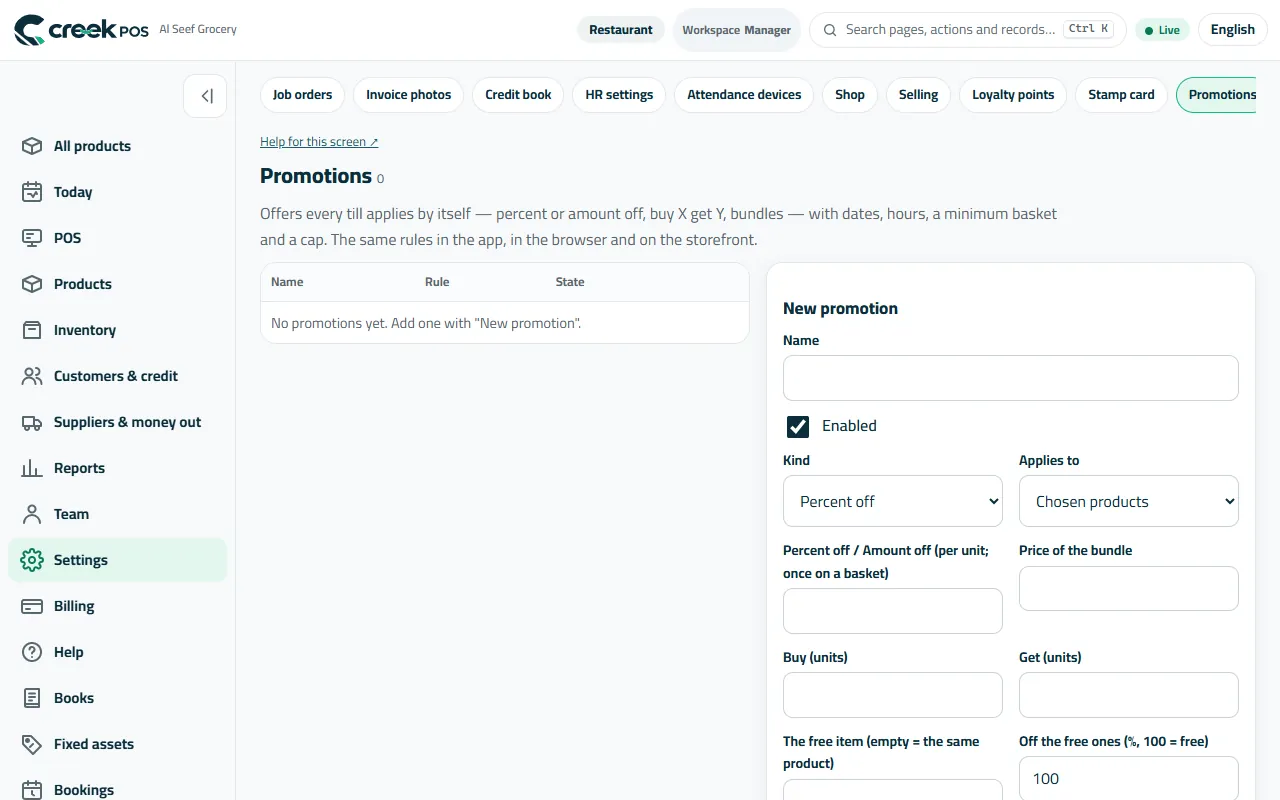 Settings → Promotions: offers every till applies by itself, with dates and hours.
