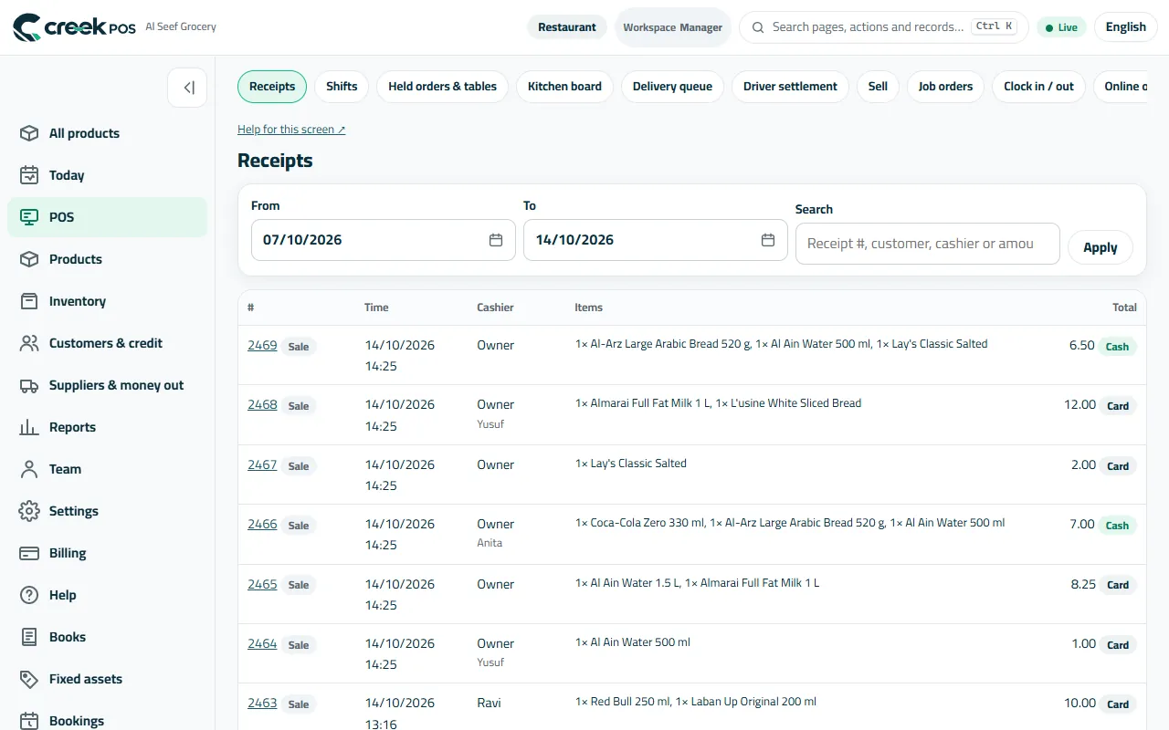 Receipts: every sale, searchable, with its cashier and how it was paid.