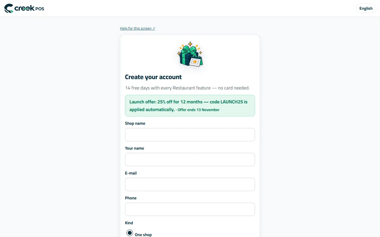 Create your account: shop name, e-mail and phone, then the code from the e-mail.
