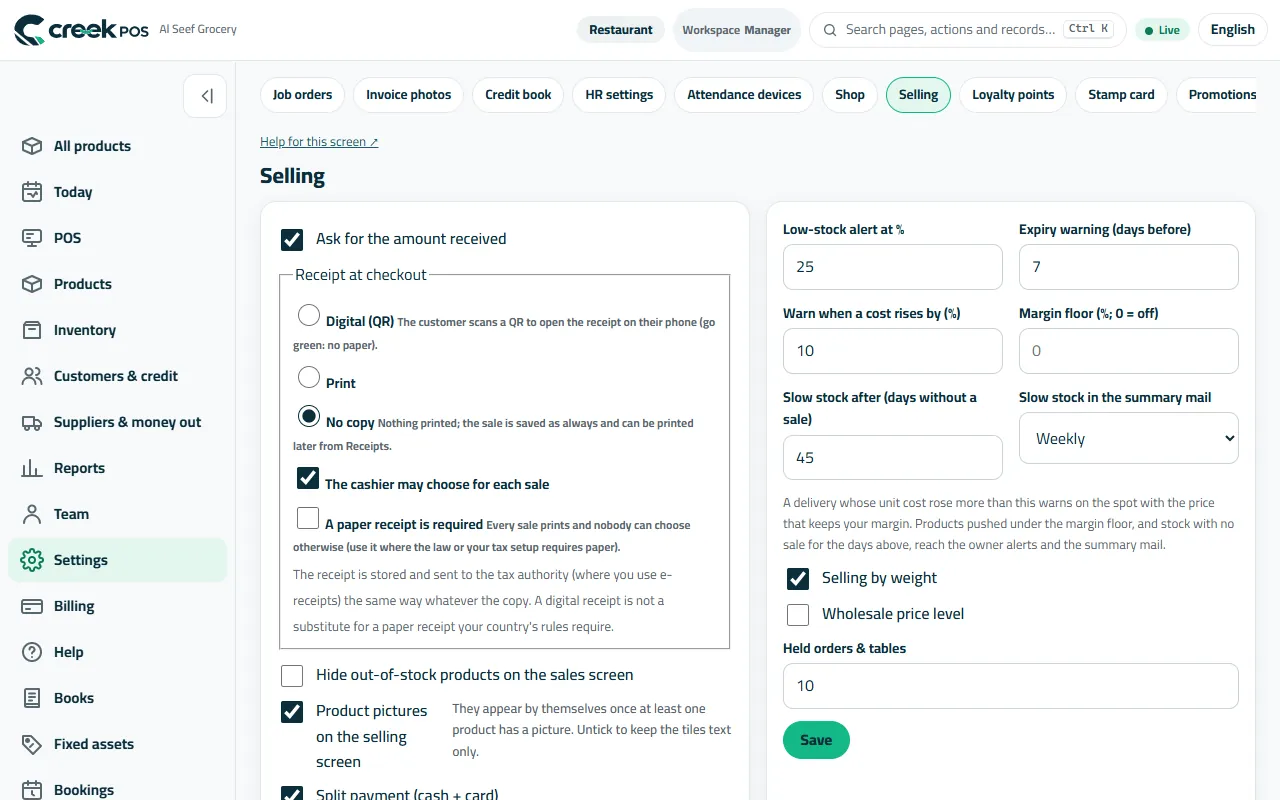 Settings → Selling: the rules every till follows.