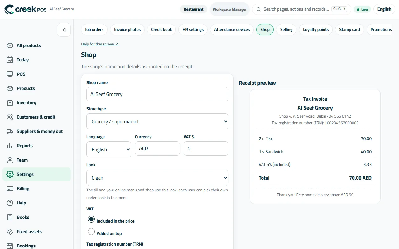 Set up your shop: the name and lines printed on the receipt, the shop type and VAT.