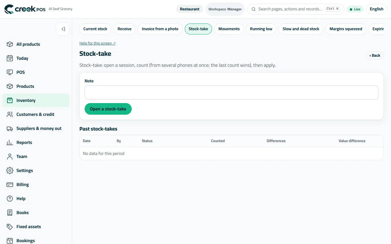 Stock-take: open, count from several phones, review the differences, apply.