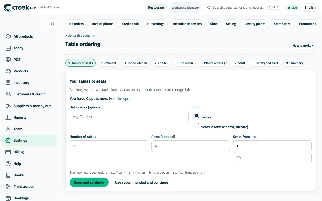 Table ordering: nine answers, then print the codes.