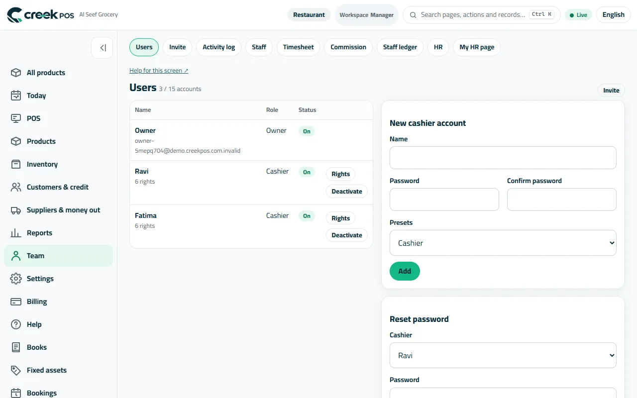 Team → Users: the accounts, their role and rights, and a new cashier account.