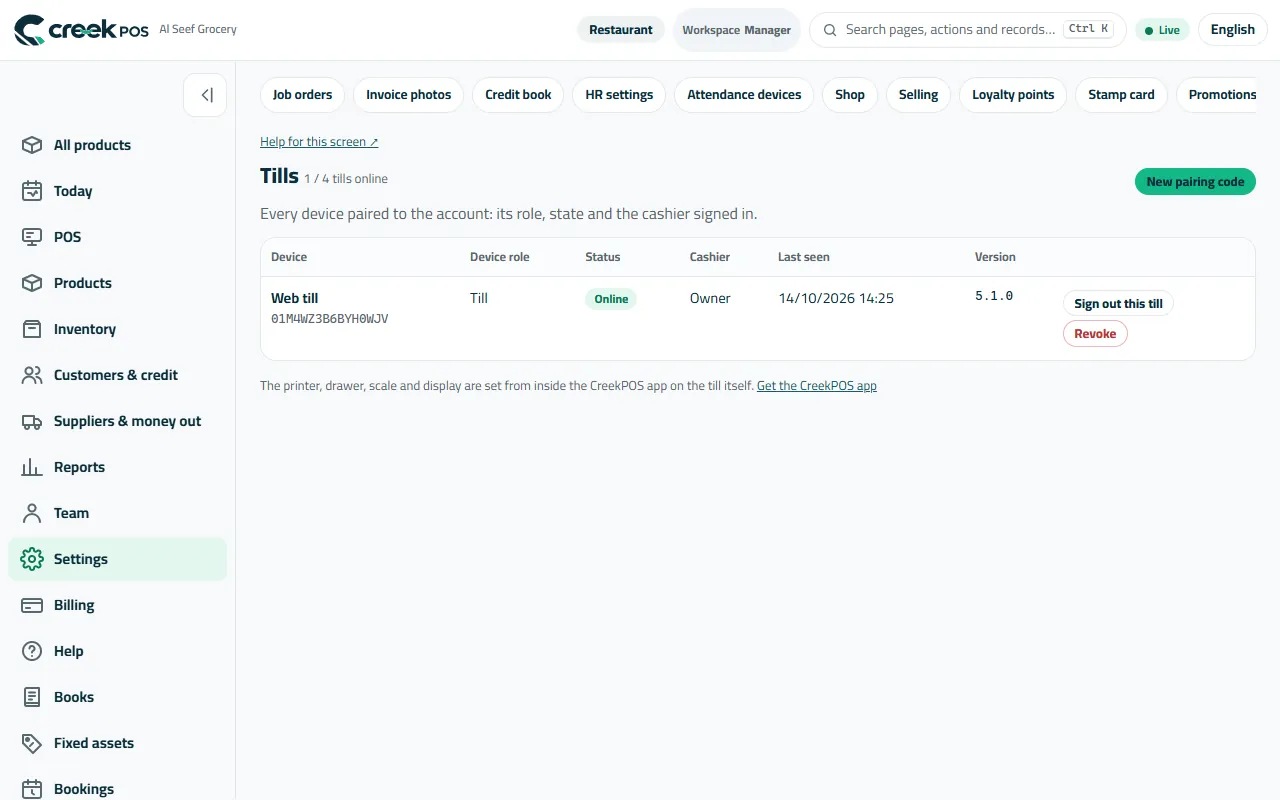 Settings → Tills: every paired till, its cashier and its state; New pairing code connects one more.
