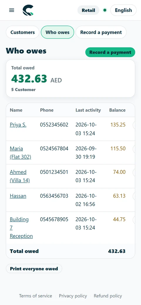 Who owes what, on the owner's phone.