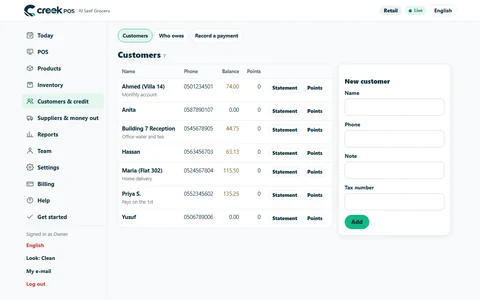 CreekPOS Online → Customers: each customer's phone, balance and points.