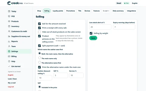 CreekPOS Online → Settings → Selling: the till's options for every till of the shop.