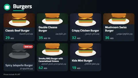 A menu board on a TV: pictures, prices, a sale price and a sold-out item.