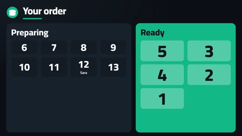 The order screen: numbers move from Preparing to Ready when the kitchen is done.