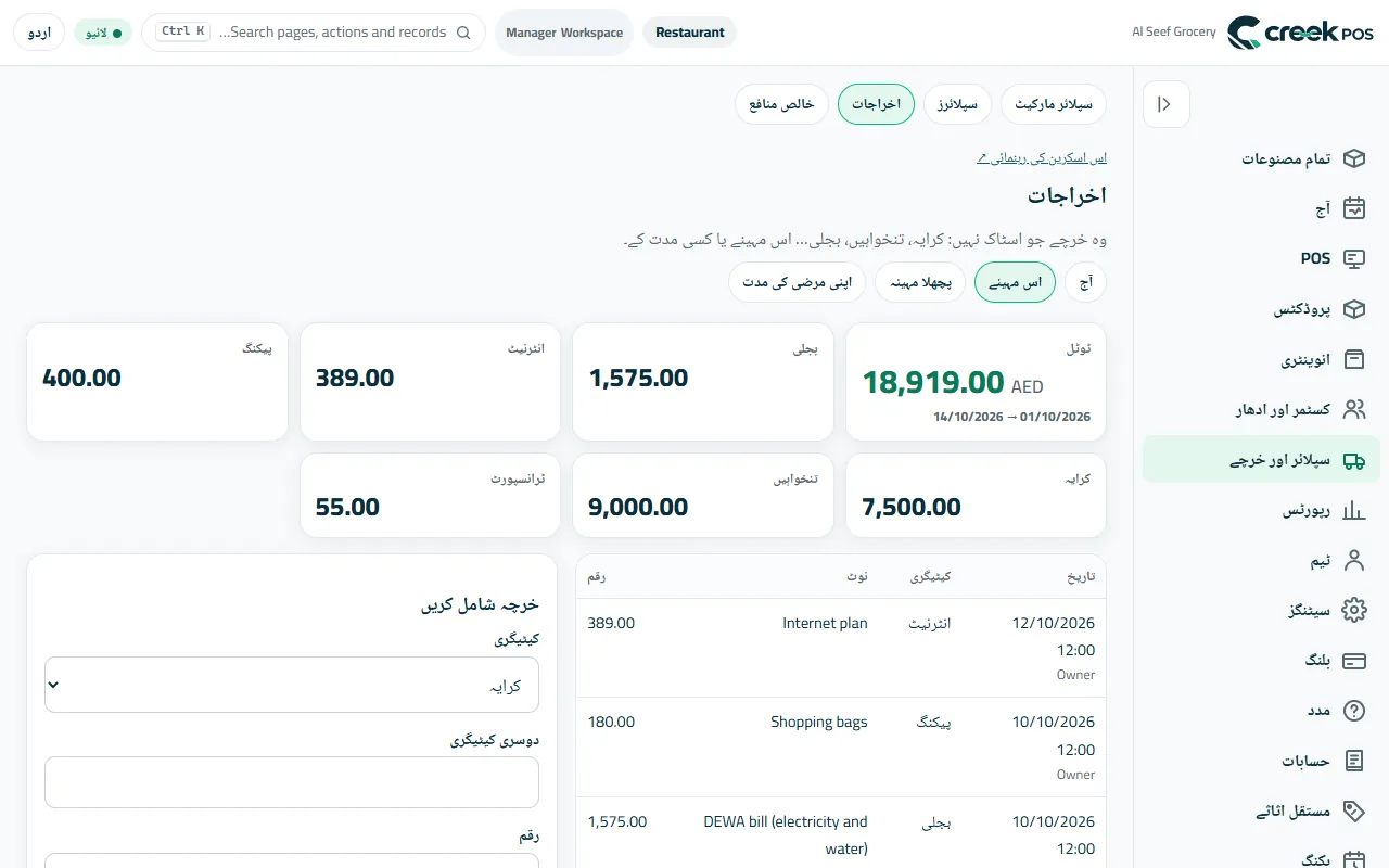 اخراجات: دکان کا خرچ، کیٹیگری کے حساب سے۔