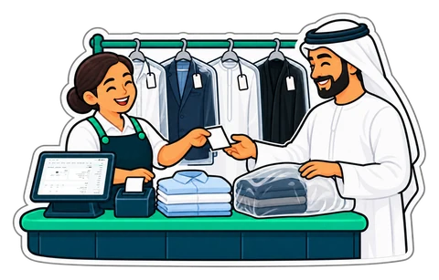 كاونتر مغسلة مع ملابس بملصقات ونقطة بيع