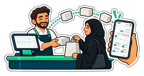 هاتف يعرض صفحة متجر بجانب نقطة البيع