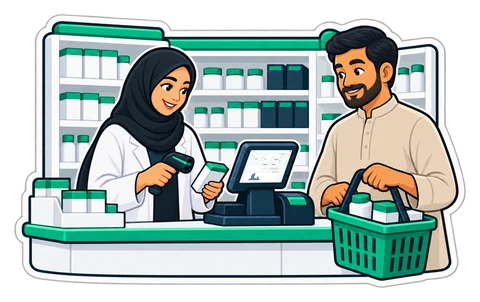 صيدلانية تمسح علبة لعميل عند منضدة الصيدلية