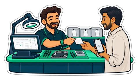 طاولة صيانة عليها هاتف مفتوح ونقطة بيع
