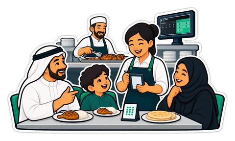 نادلة تسجّل طلب عائلة على جهاز محمول عند الطاولة، وخلفها نافذة المطبخ