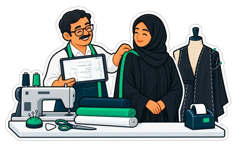 خيّاط يأخذ مقاسات عميل بجانب نقطة البيع